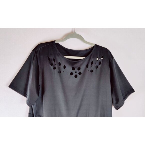 Black Knit Dress Laser Cut Eyelet Floral Pattern Cottage Core Party All Seasons - Picture 3 of 10